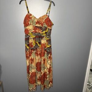 Multicolor Patterned Sleeveless 100% Silk Summer Dress Made in India Womens M